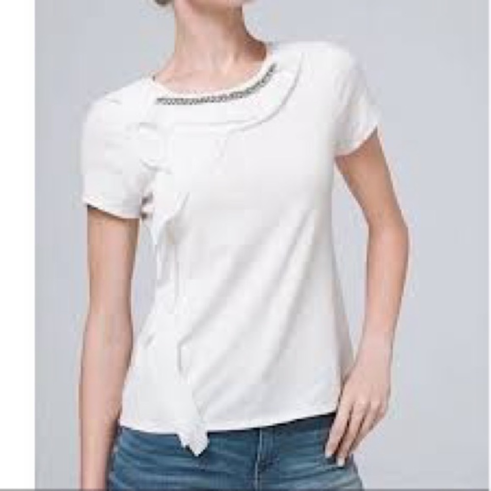 White House Black Market Silver Bedazzled Trim and Ruffled White Tee